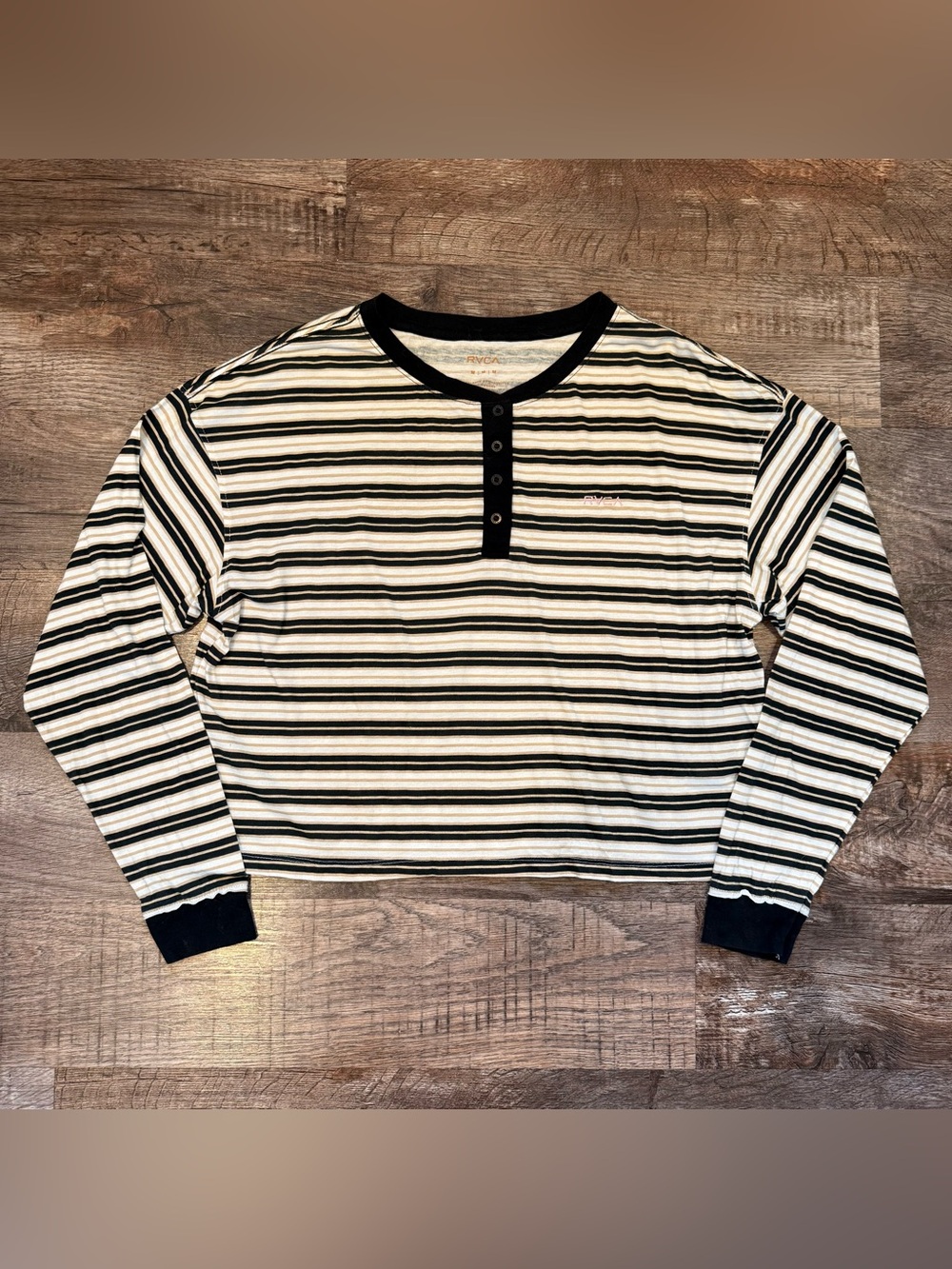 RVCA Women’s Striped Severin Long Sleeve Cropped Tee Medium Black Brown Cream